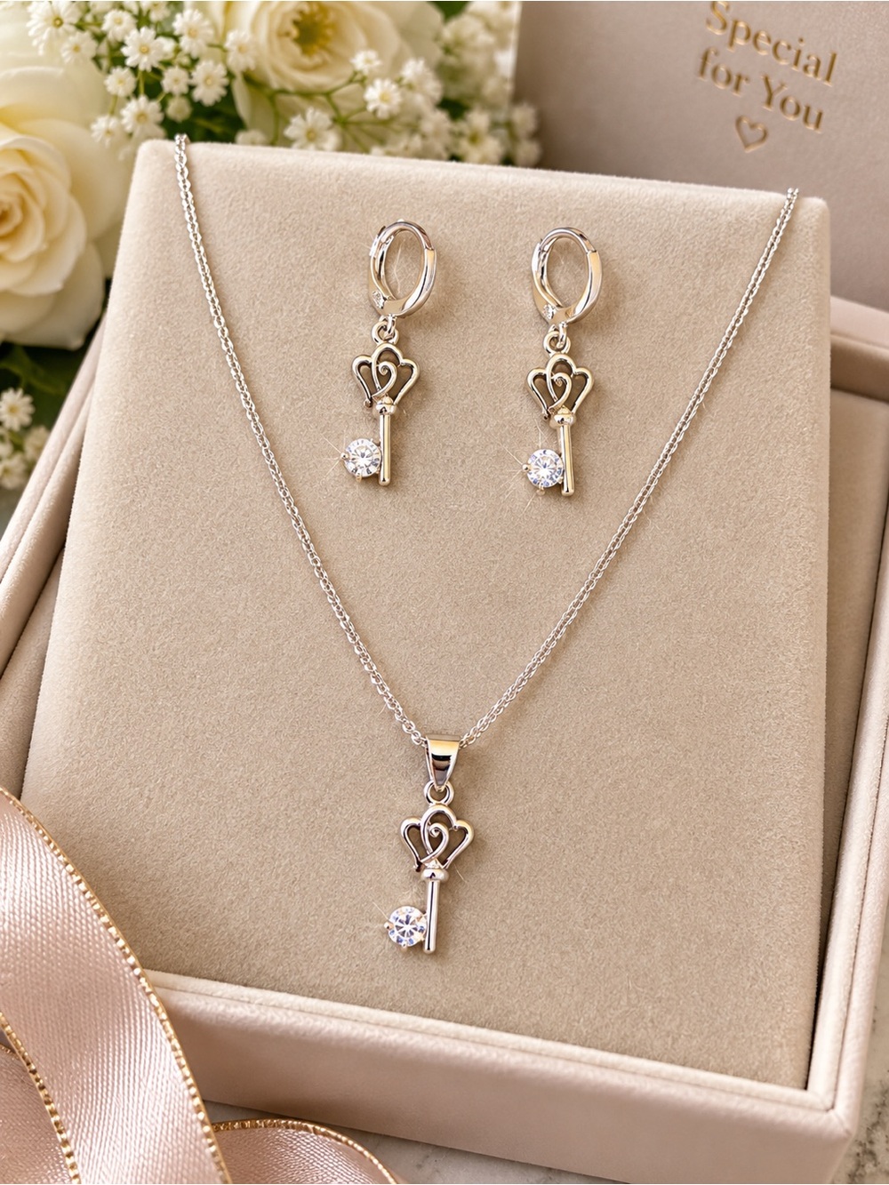 Stainless steel Silver Heart Key Necklace & Earrings Set - Elegant Women AAA CZ